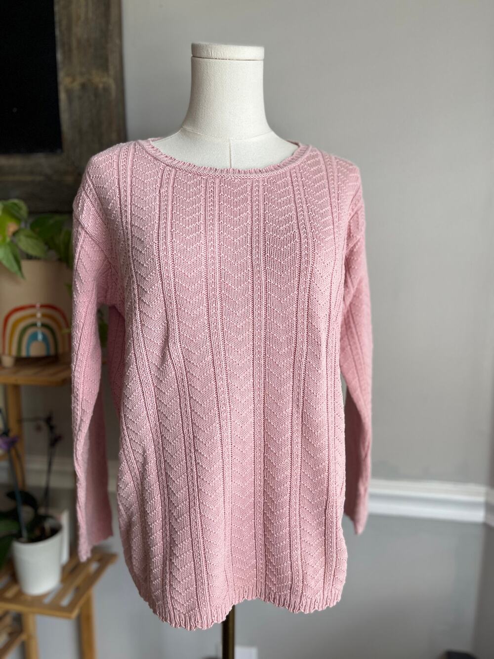 Vintage 90s Pink Cotton Sweater Vertical Stripes Size Small